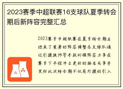 2023赛季中超联赛16支球队夏季转会期后新阵容完整汇总