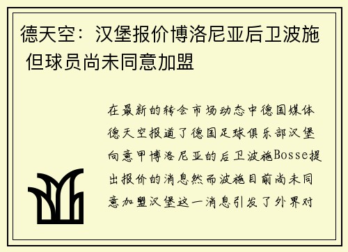 德天空：汉堡报价博洛尼亚后卫波施 但球员尚未同意加盟