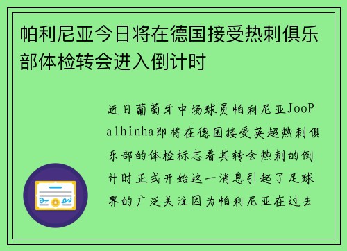 帕利尼亚今日将在德国接受热刺俱乐部体检转会进入倒计时