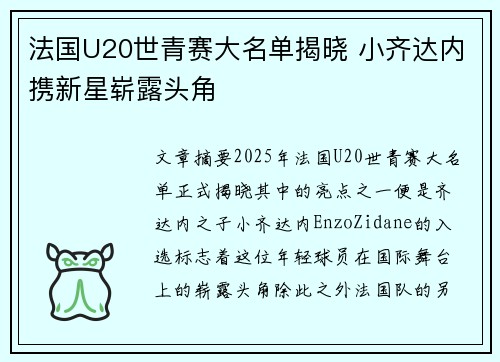 法国U20世青赛大名单揭晓 小齐达内携新星崭露头角