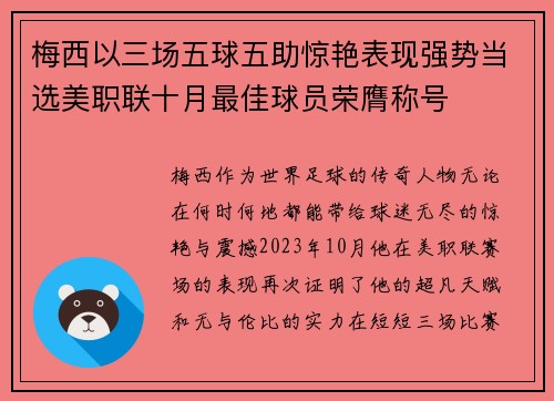 梅西以三场五球五助惊艳表现强势当选美职联十月最佳球员荣膺称号